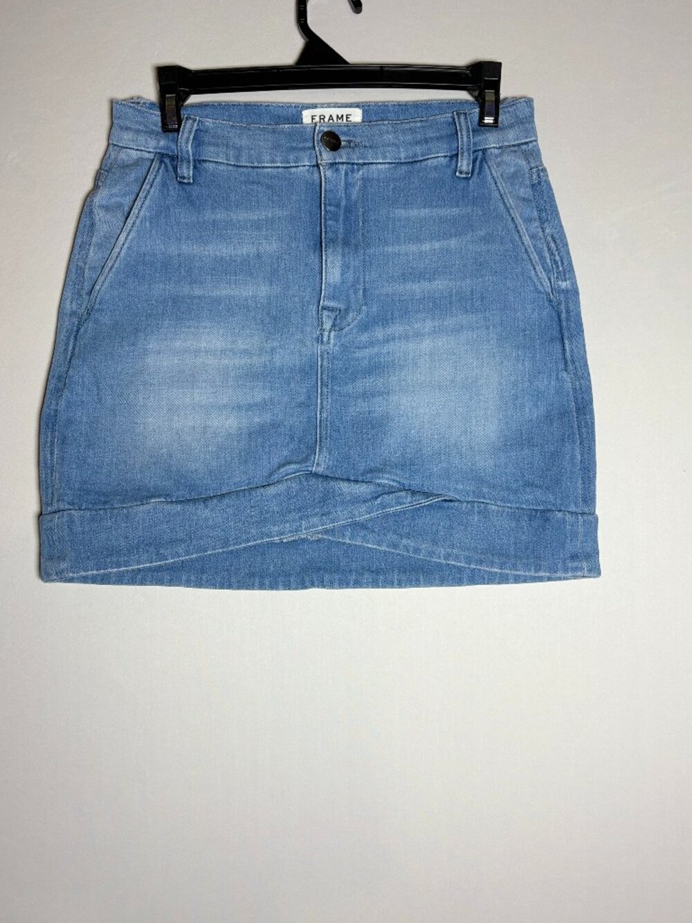 FRAME Denim Mitered Mini Skirt Ocean Light Wash Crossover Hem Size 26